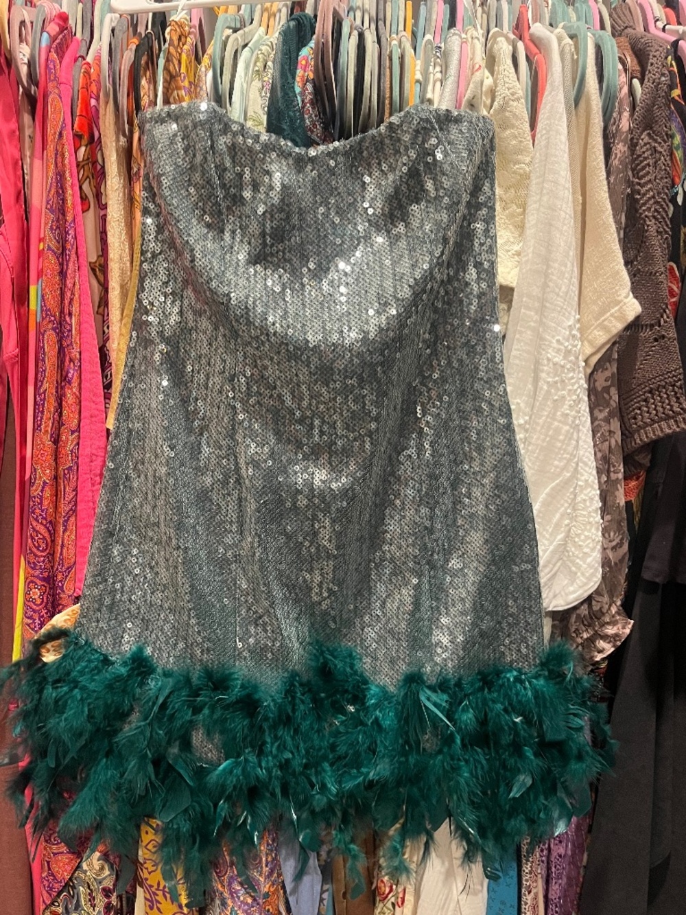 Green Sequin feather trim mini dress